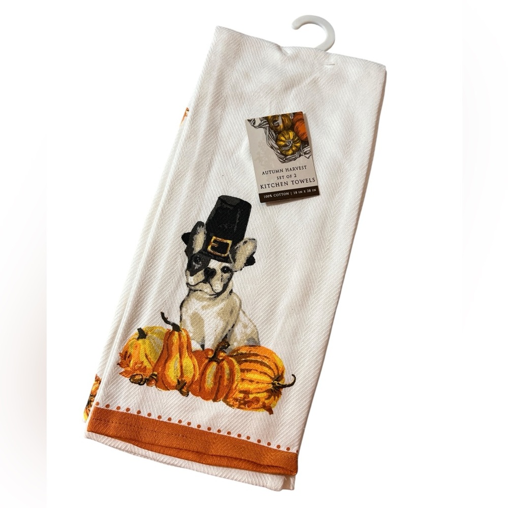 Autumn Harvest Set of Two Kitchen Towels, French Bulldog Design